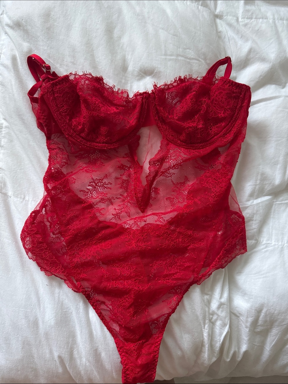 Victoria Secret Sheer Open Back Red Lace Bodysuit